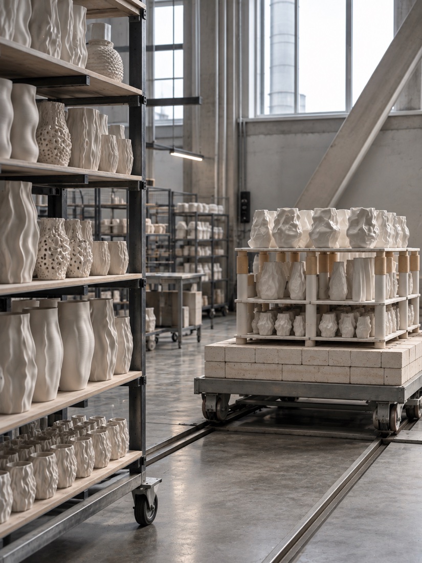 Ceramic production factory with objects ready for firing